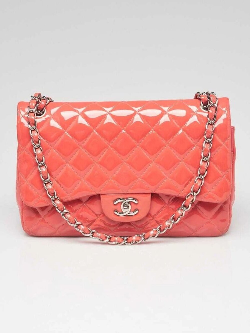 Chanel Pink Quilted Patent Leather Classic Jumbo Double Flap Bag